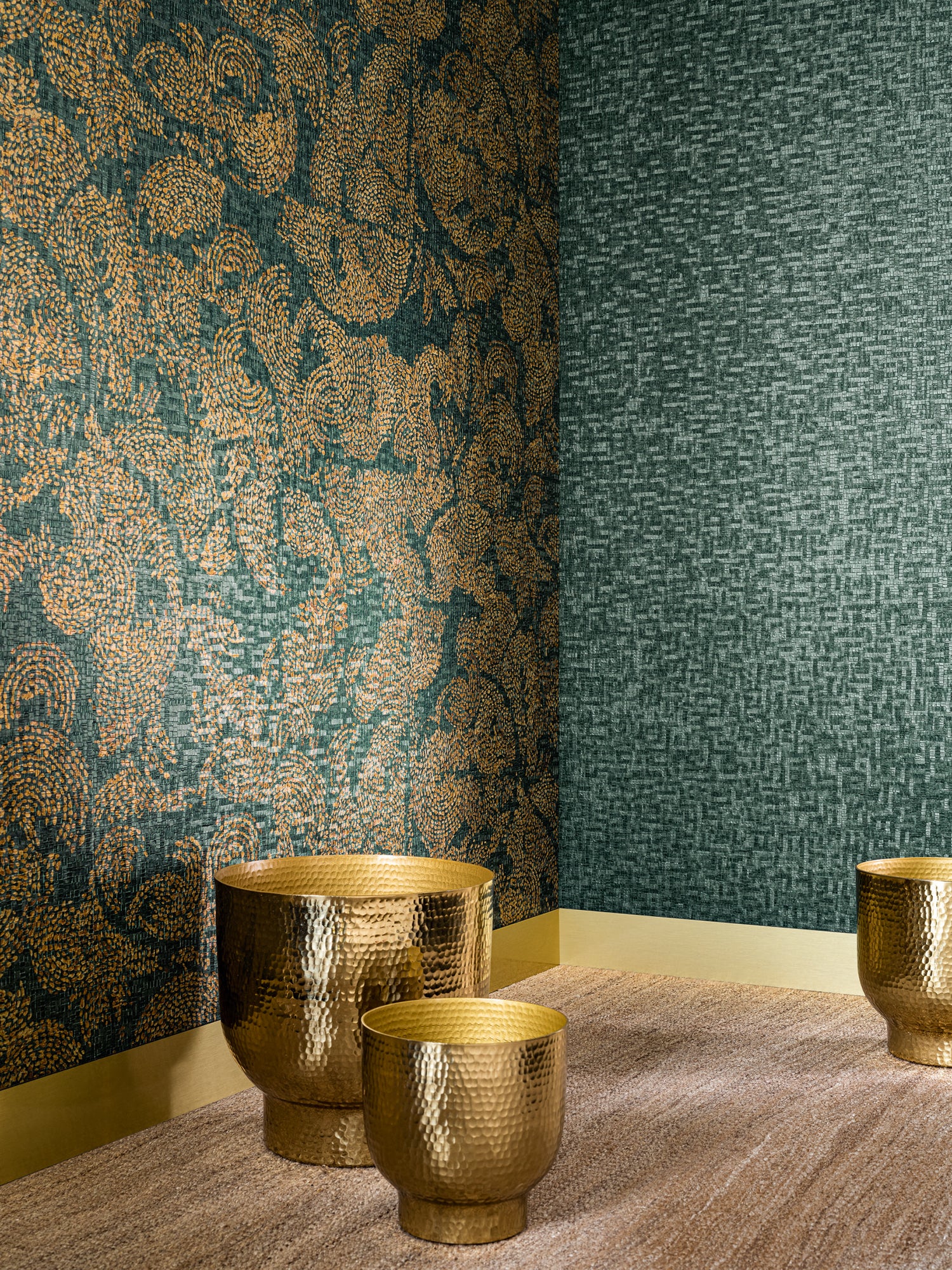 Venetie wallpaper by Casamance in Green – Emerald & Gold, styled room shot
