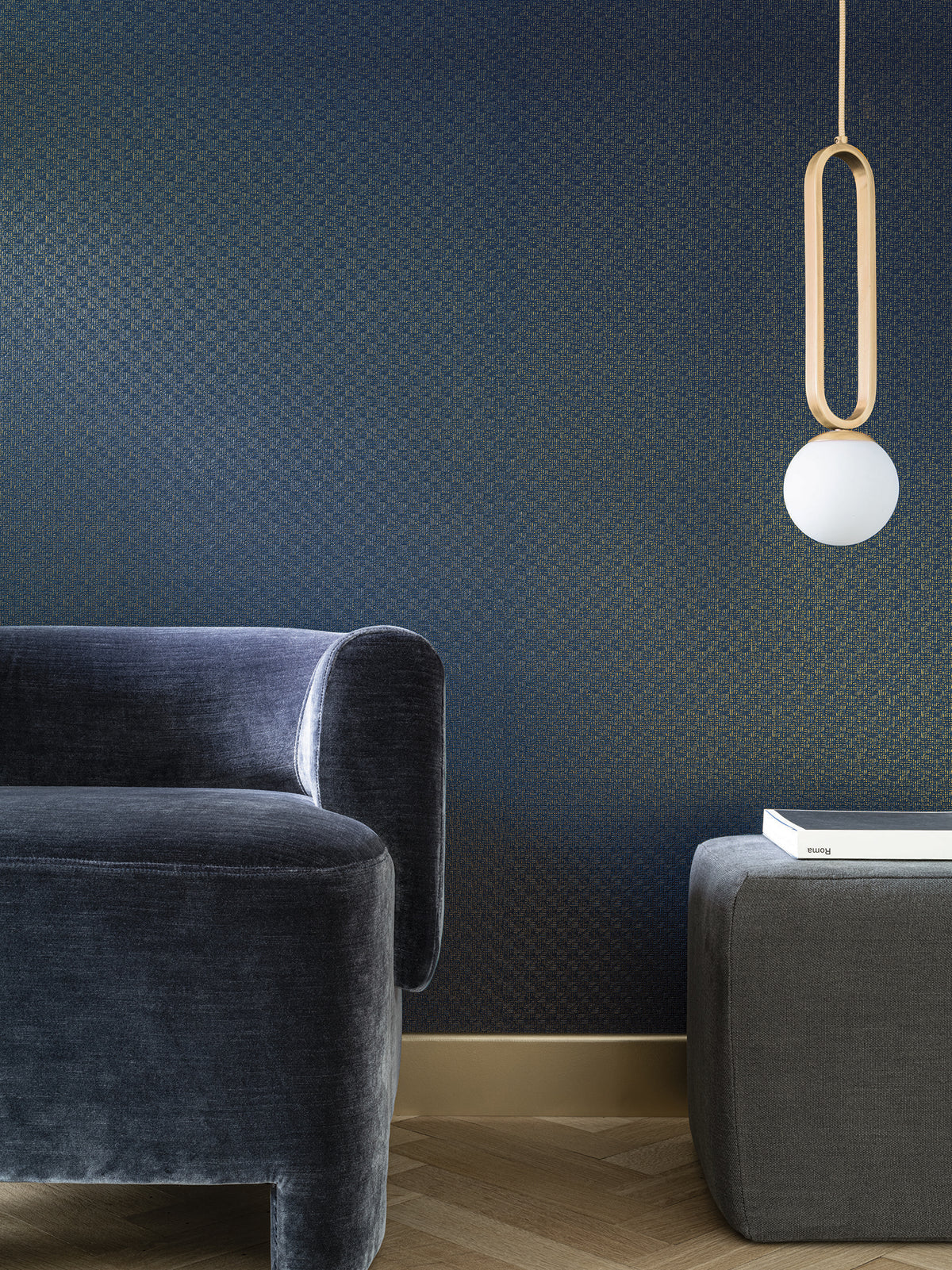 Wagara wallpaper by Casamance in Blue – Navy & Gold, styled room shot