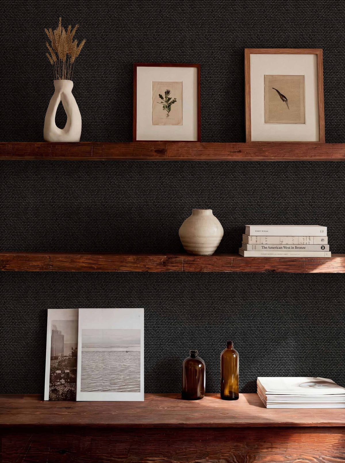 Yuca wallpaper by Coordonné in Black, styled room