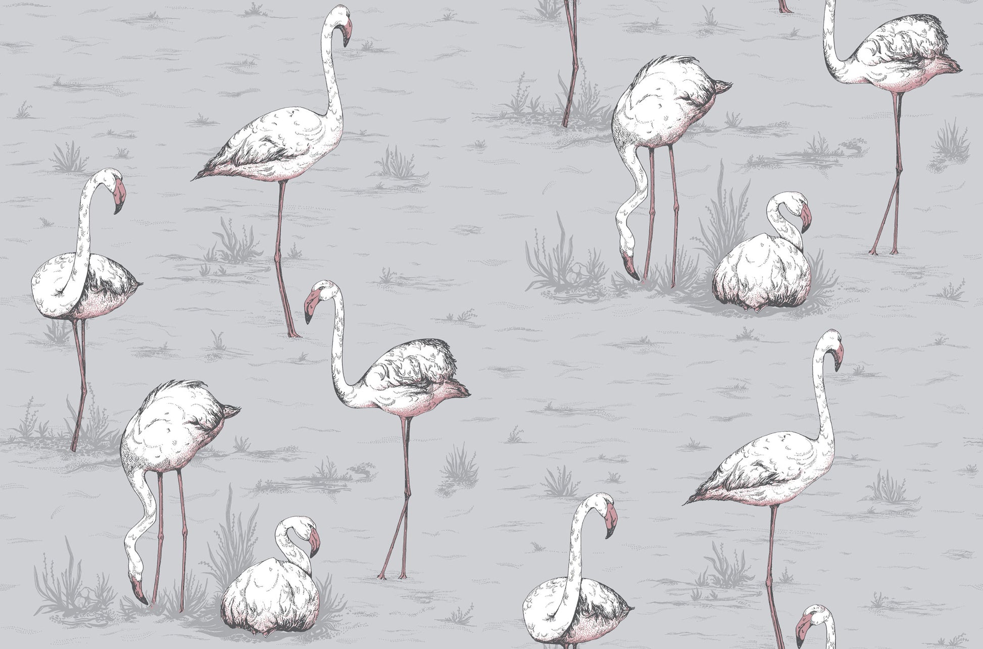 Flamingos - Lilac Grey - Wallpaper Trader