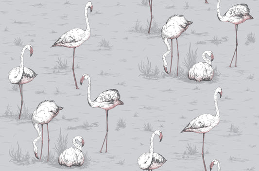 Flamingos - Lilac Grey - Wallpaper Trader