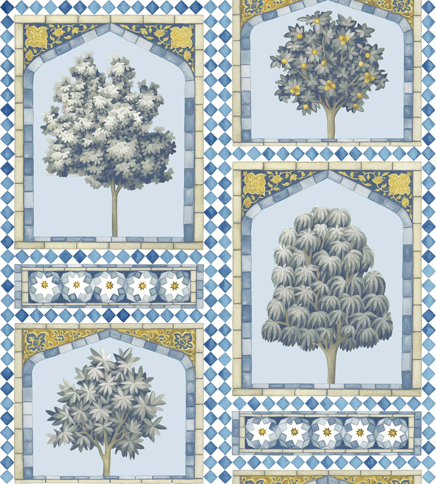 Sultan's Palace - China Blue and Ochre - Wallpaper Trader