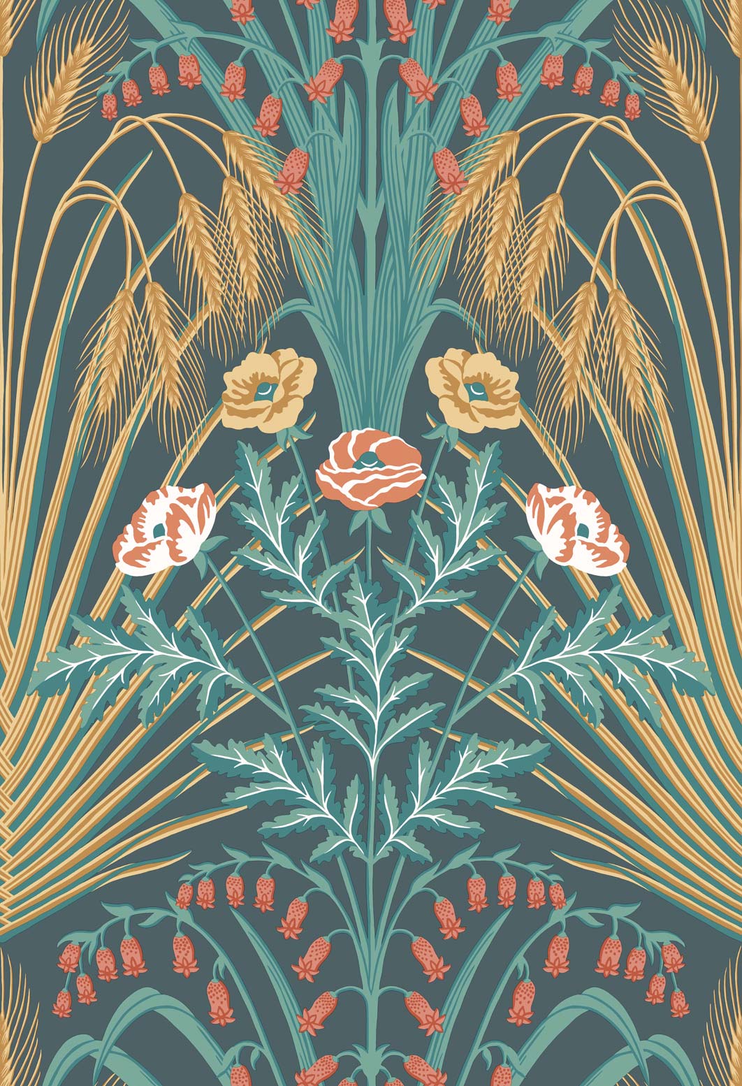 Bluebell - Gold & Coral on Petrol - Wallpaper Trader