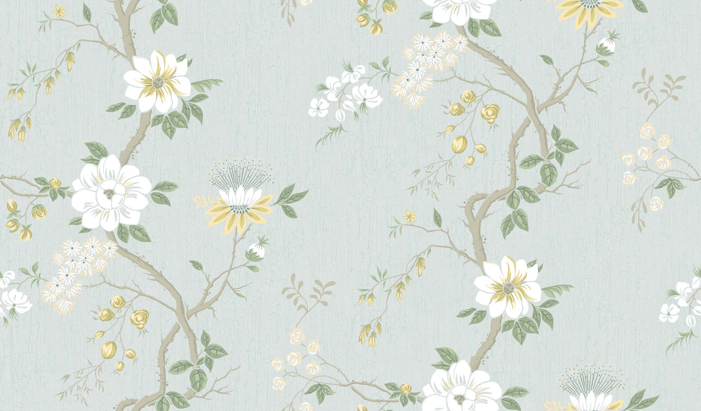 Camellia - Lemon & Sage on Blue - Wallpaper Trader