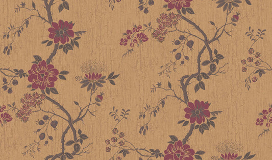 Camellia - Crimson on Metallic Gold - Wallpaper Trader