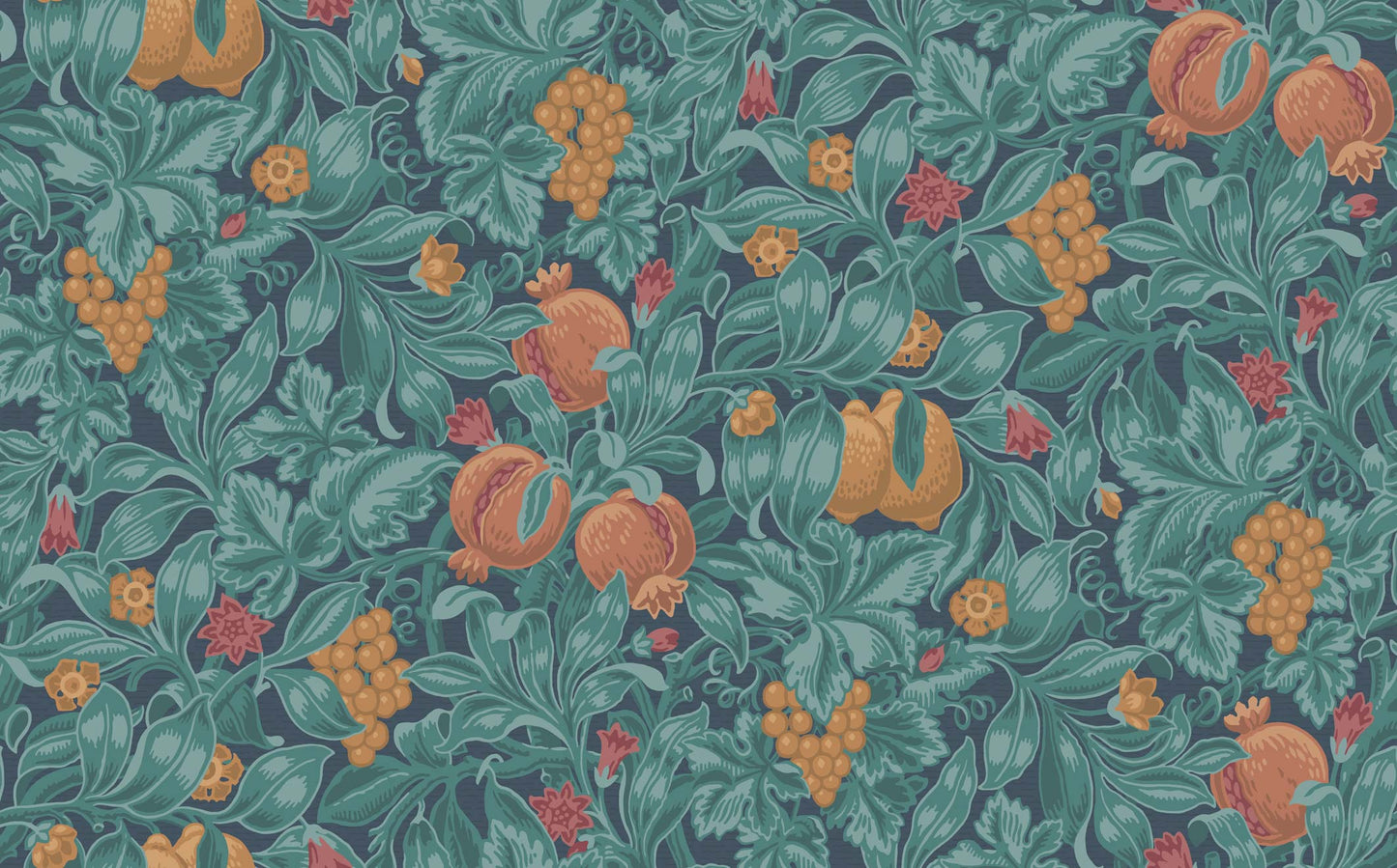 Vines of Pomona- Burnt Orange & Teal on Petrol - Wallpaper Trader