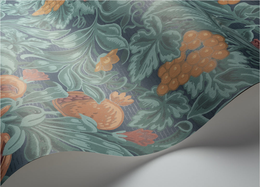 Vines of Pomona- Burnt Orange & Teal on Petrol - Wallpaper Trader