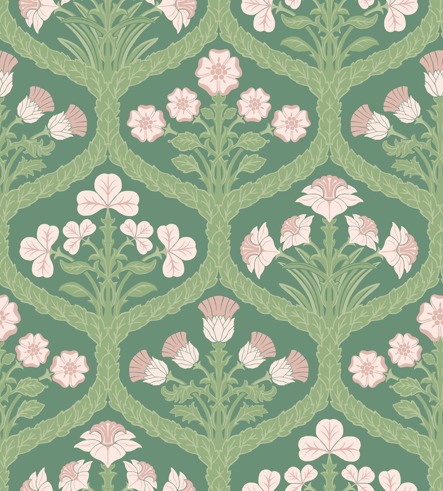 Floral Kingdom-  Ballet Slipper & Leaf Green on Forest - Wallpaper Trader