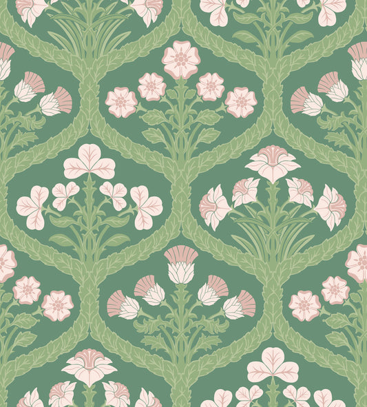 Floral Kingdom-  Ballet Slipper & Leaf Green on Forest - Wallpaper Trader