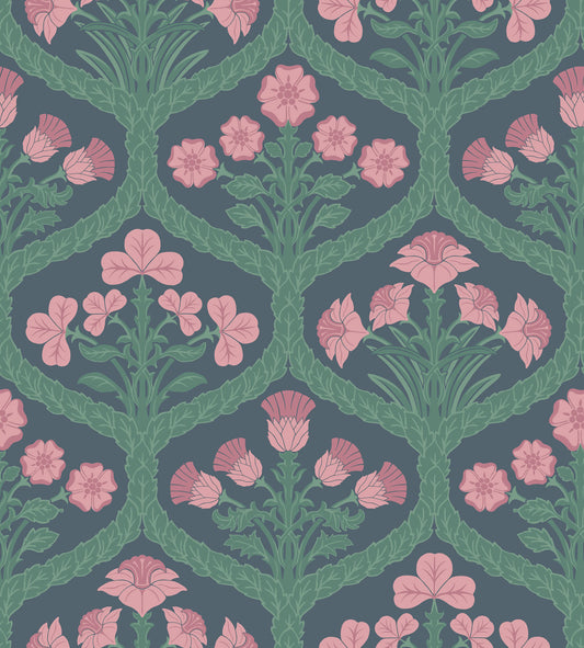 Floral Kingdom-  Lilac & Teal on Denim - Wallpaper Trader