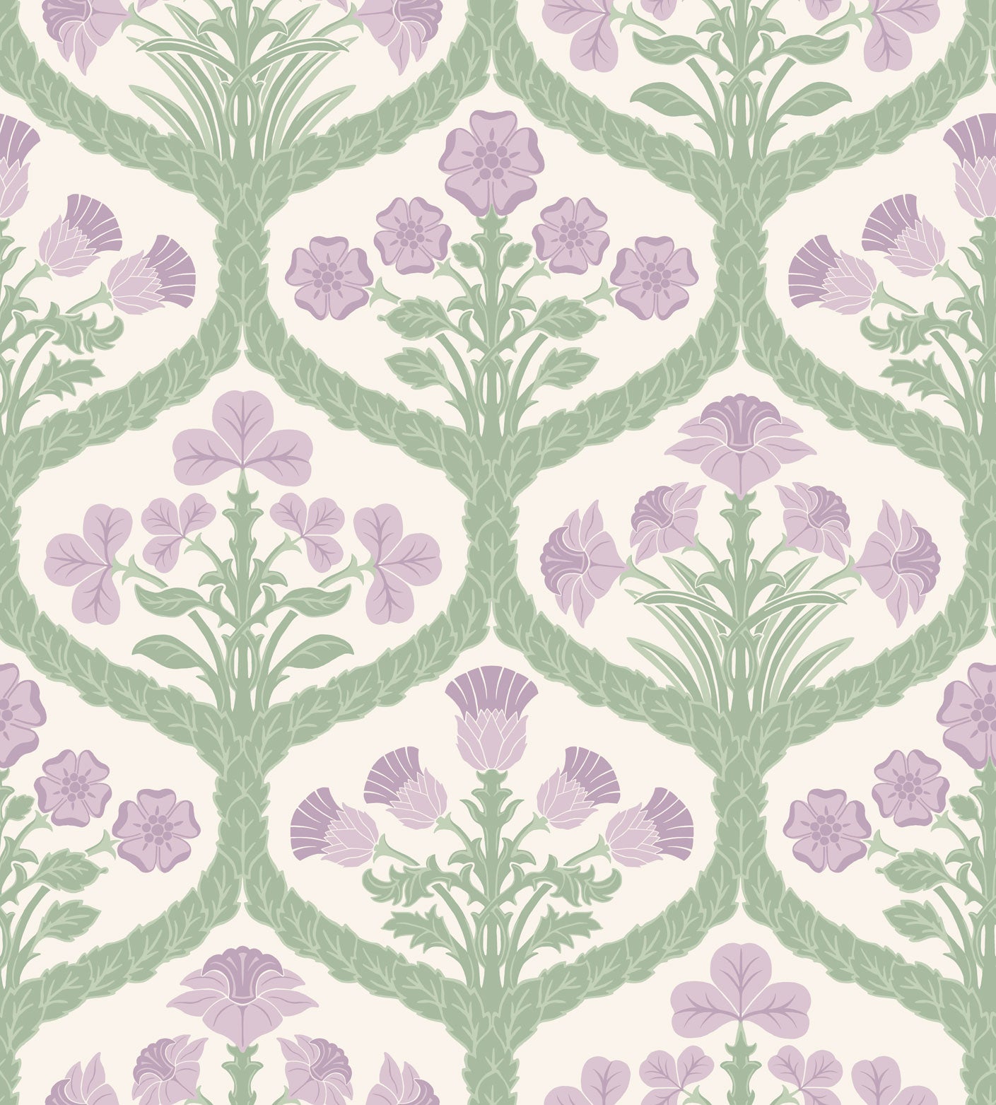 Floral Kingdom-Mulberry & Olive Green on Parchment - Wallpaper Trader