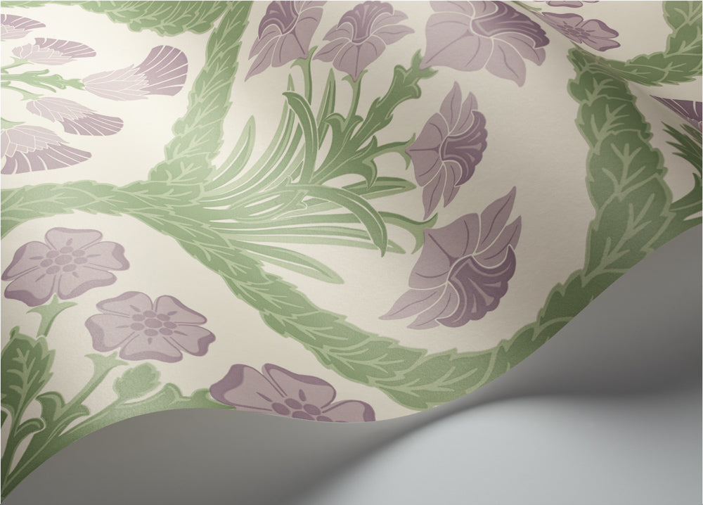 Floral Kingdom-Mulberry & Olive Green on Parchment - Wallpaper Trader