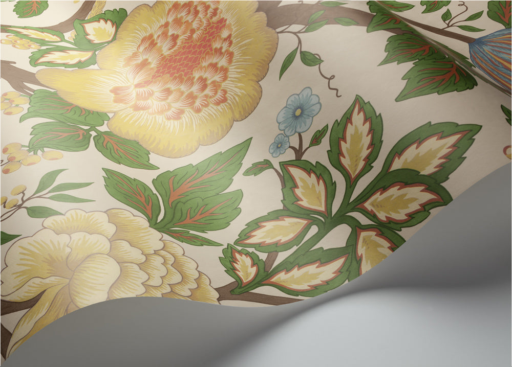 Midsummer Bloom- Rouge & Leaf Green on Parchment - Wallpaper Trader