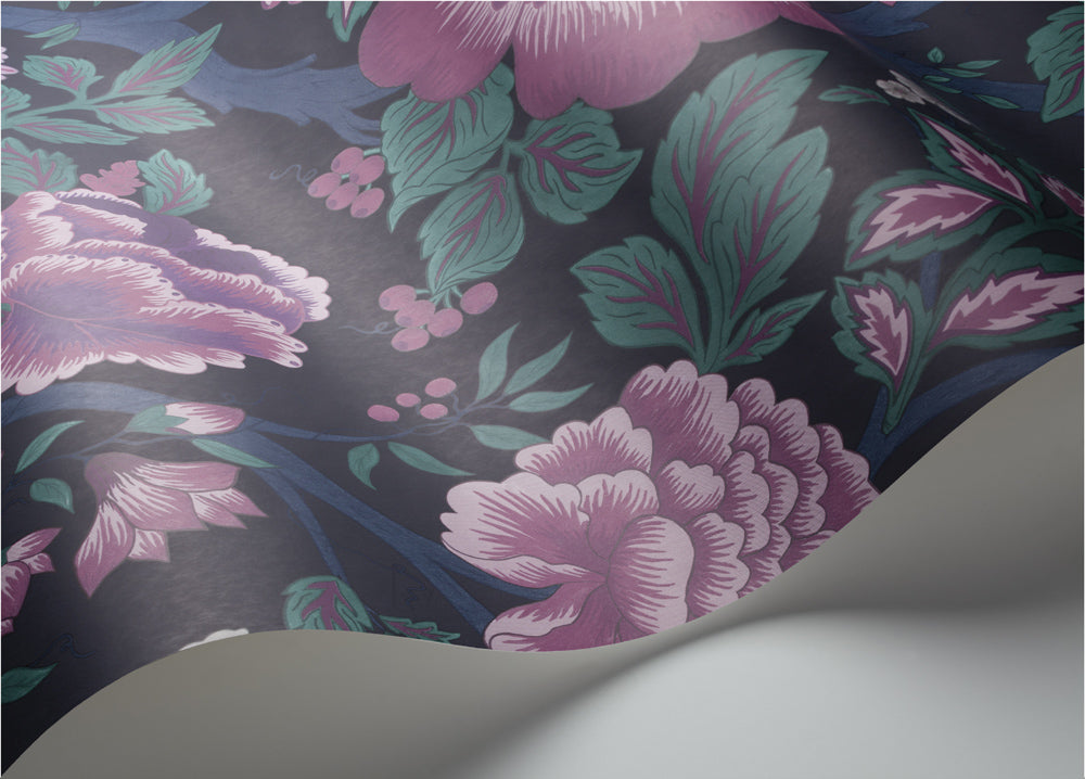 Midsummer Bloom-  Purple & Teal on Ink - Wallpaper Trader