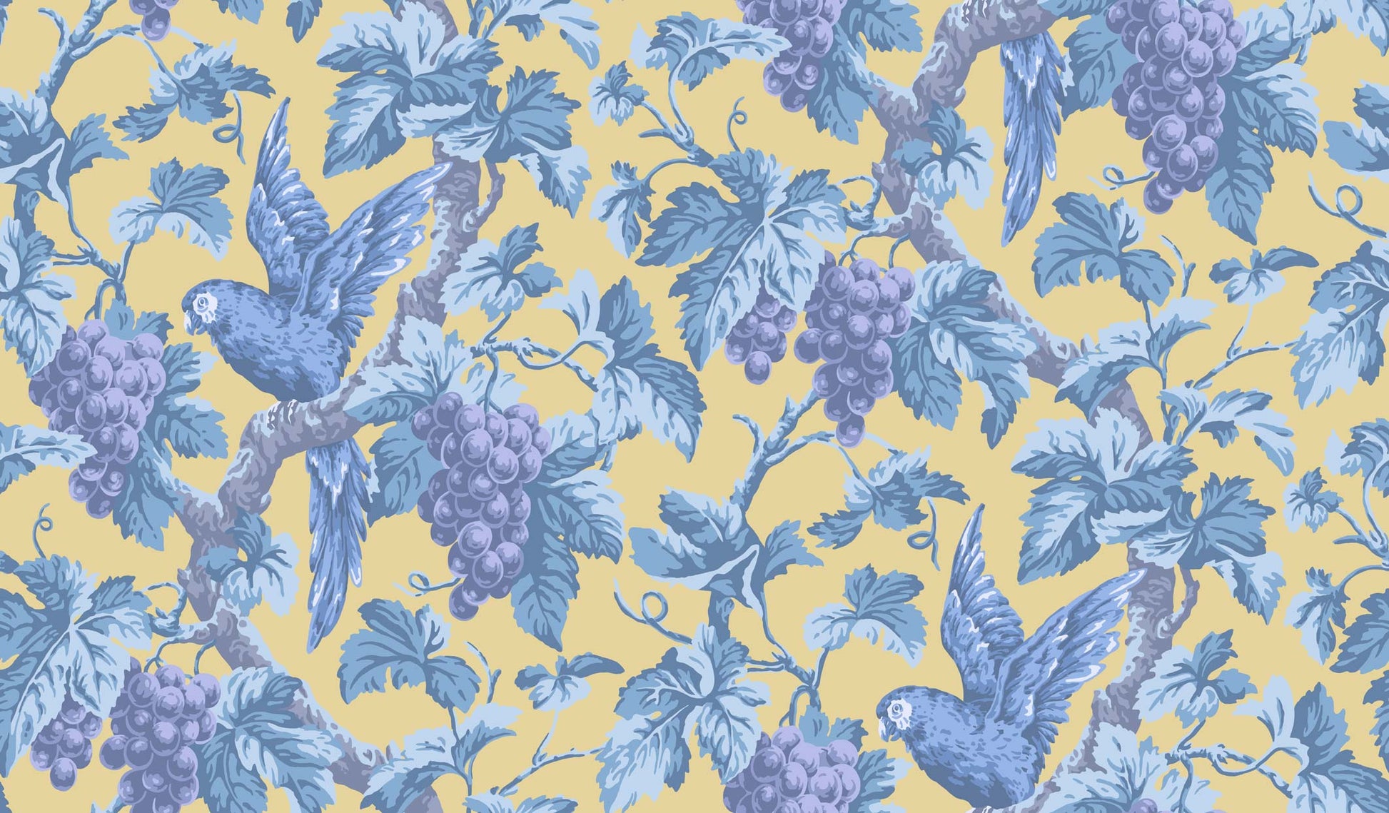 Woodvale Orchard - Hyacinth, Lilac & China Blue on Ochre - Wallpaper Trader