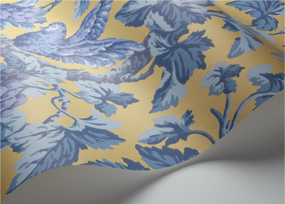 Woodvale Orchard - Hyacinth, Lilac & China Blue on Ochre - Wallpaper Trader