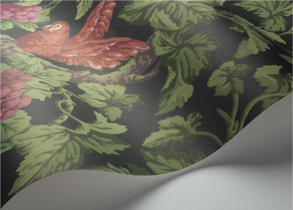 Woodvale Orchard - Ruby, Rose & Olive Green on Charcoal - Wallpaper Trader