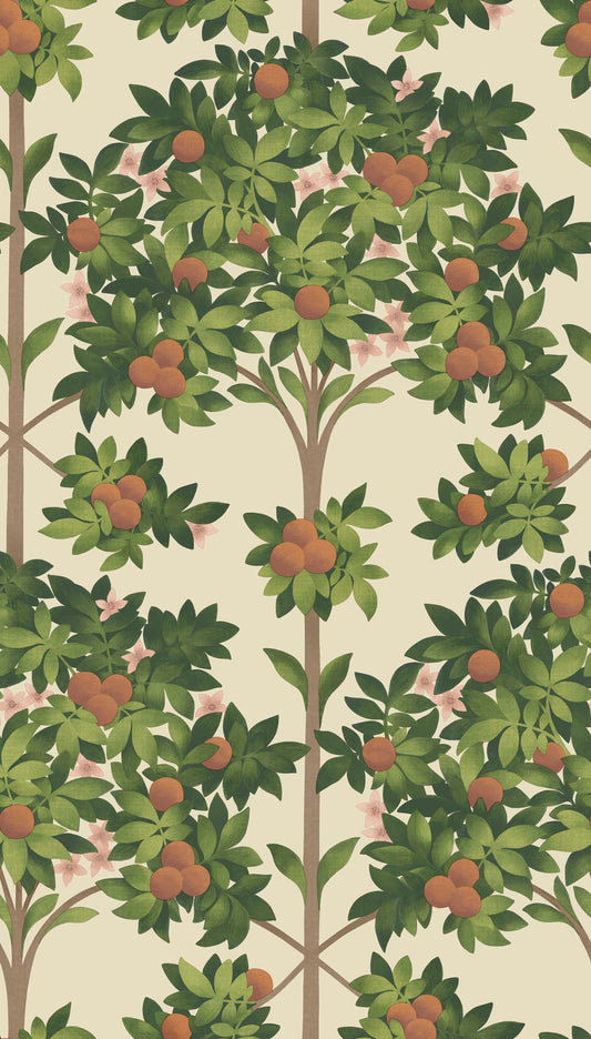Orange Blossom - Orange & Spring Green on Parchment - Wallpaper Trader