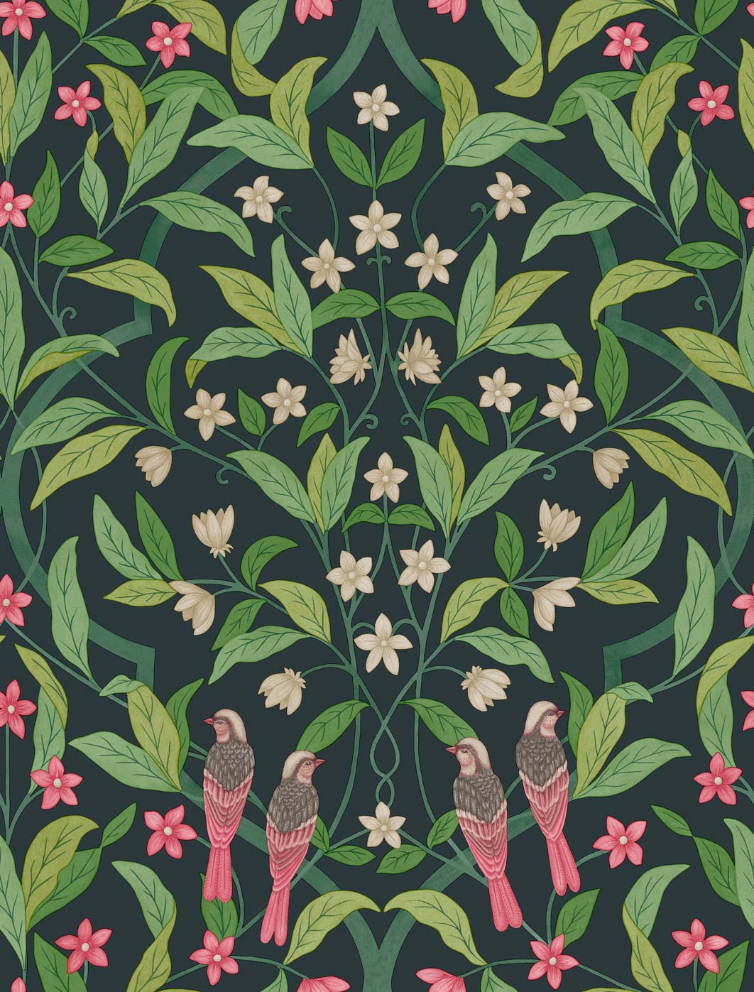 Jasmine & Serin Symphony - Rose & Green on Dark Viridian - Wallpaper Trader