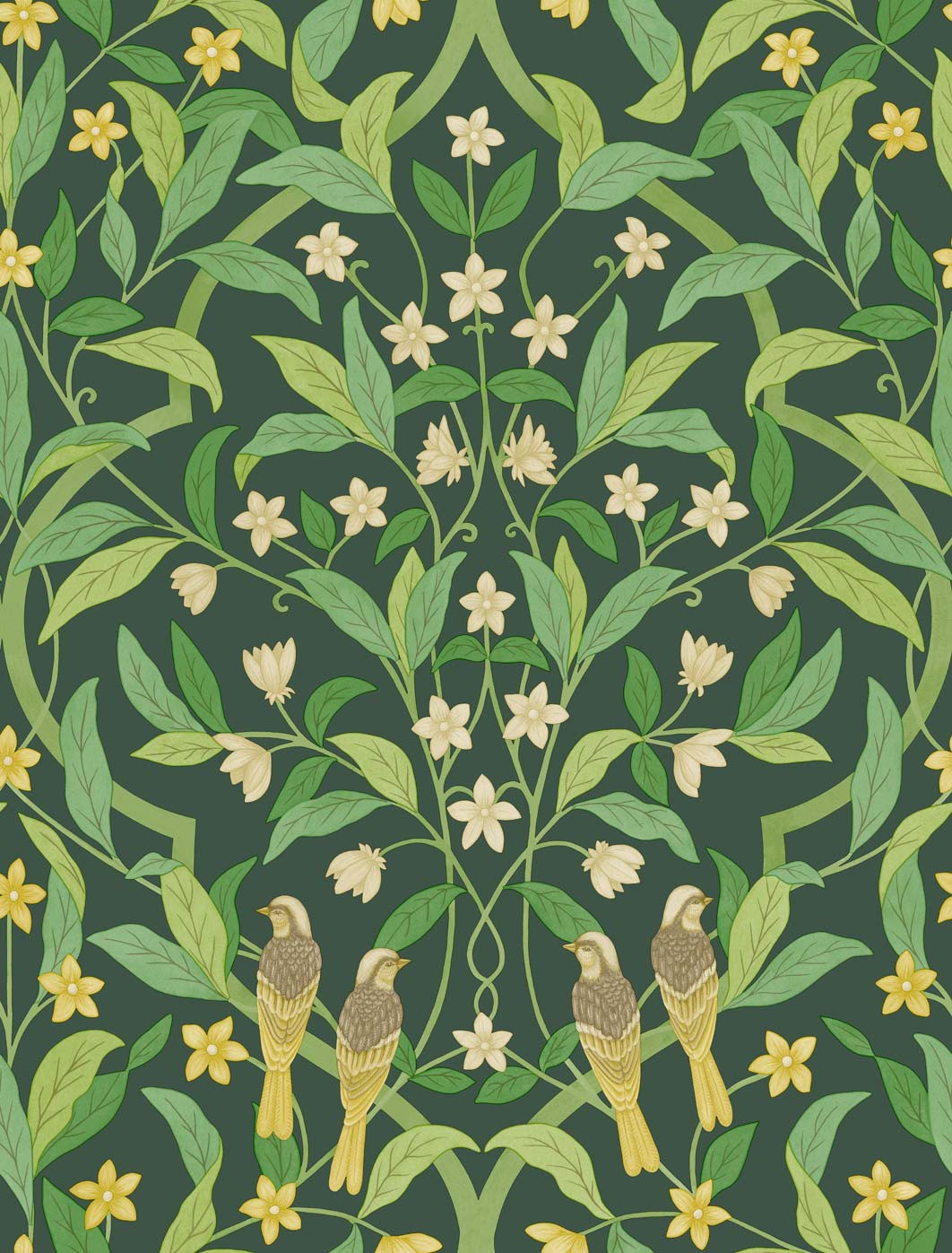Jasmine & Serin Symphony- Yellow & Leaf Green on Dark Forest Green - Wallpaper Trader
