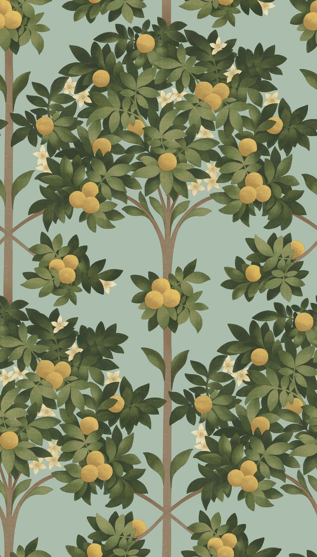 Orange Blossom - Lemon & Dark Olive Green on Duck Egg - Wallpaper Trader