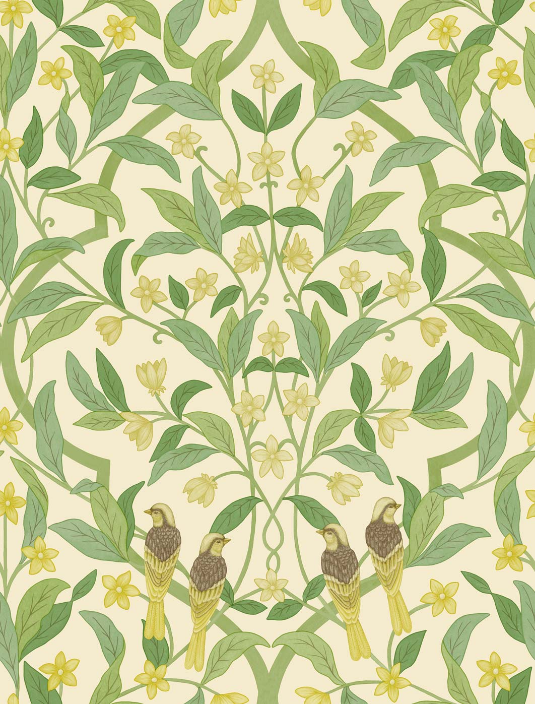Jasmine & Serin Symphony - Chartreuse & Olive Green on White - Wallpaper Trader
