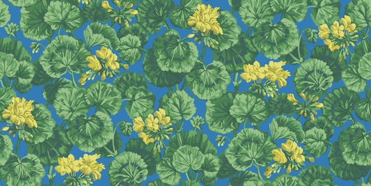 Geranium-  Lemon & Forest Greens on Electric Blue - Wallpaper Trader