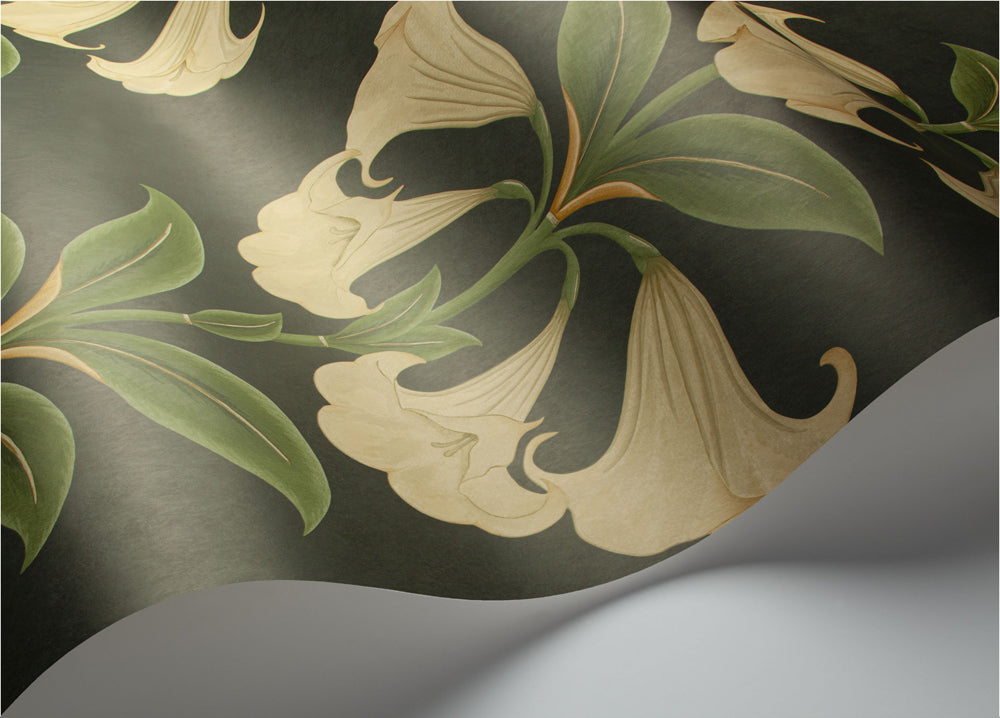 Angel's Trumpet- Cream & Olive Green on Charcoal - Wallpaper Trader