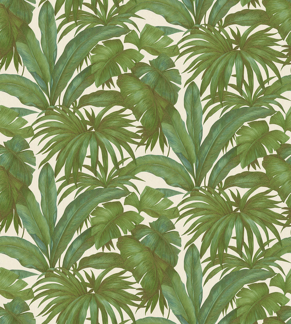 Versace tropical palm wallpaper features large scale hand painted green tropical palm leaves on a white background.
