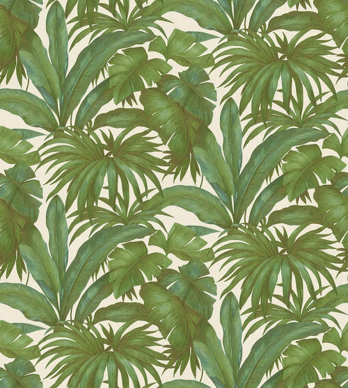 Giungla Palm wallpaper by Versace, flat swatch of green palm and banana leaves on a cream textured ground