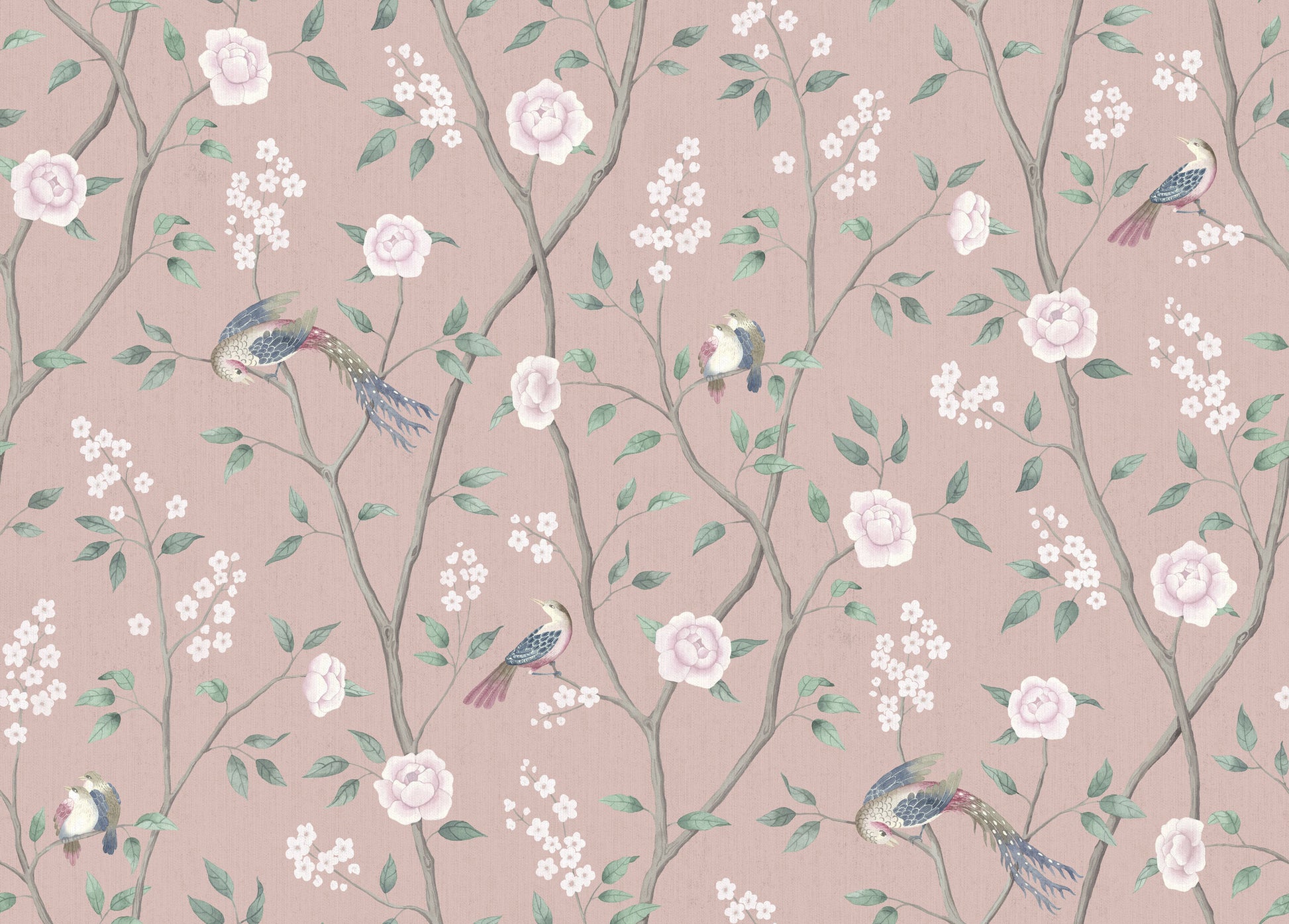 Beautiful Chinoiserie Wallpaper in Pink called Paradise Birds, featuring pastel pink background with handpainted birds and gentle blooming flowers by Borastapeter