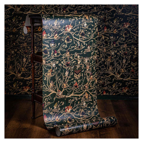 Harry Potter Black Family Tapestry wall mural by MinaLima, green roll unfurled over a console against the hung pattern