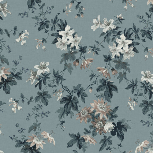 Sandra Floral wallpaper by Sandberg, flat swatch of a trailing passionflower and lily print in white and blush on a dusty