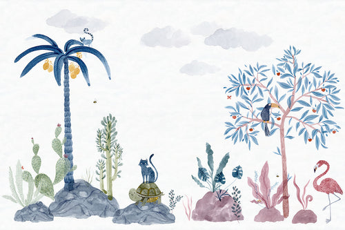Wilton wall mural by Sandberg, flat panel of blue watercolour palms, cacti, cat, flamingo and lemur on white