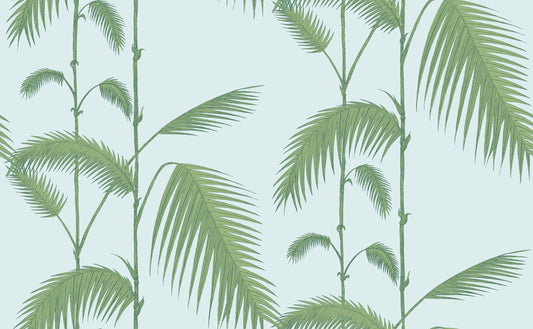 Cole and Son Palm Leaves wallpaper in Green on Light Blue. Update your walls with this rainforest-inspired paper based on the classic Palm Leaves print.