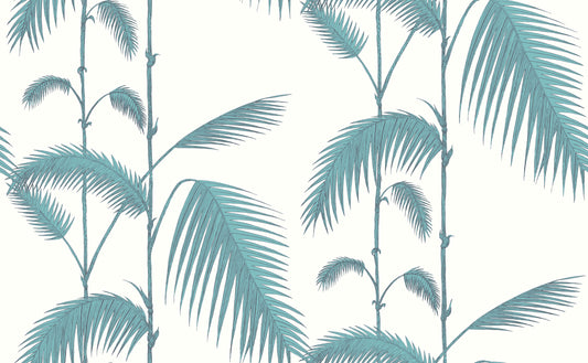 Cole and Son Palm wallpaper in Leaf Green on White from The Contemporary Restyled Collection (95/1009). Use this wallpaper to transform any room into a glamorous space. Update your walls with this rainforest-inspired paper based on the classic Palm Leaves print.
