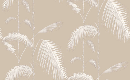 Palm Leaves - White on Taupe - Wallpaper Trader