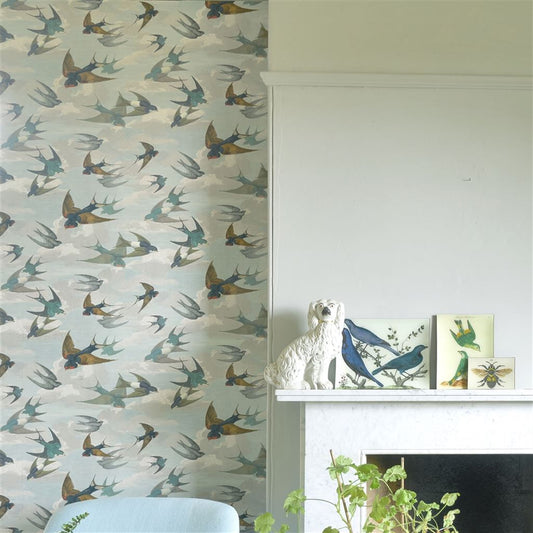 Chimney Swallows - Sky Blue - Wallpaper Trader