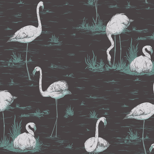 Flamingos - Teal & Silver On Black - Wallpaper Trader