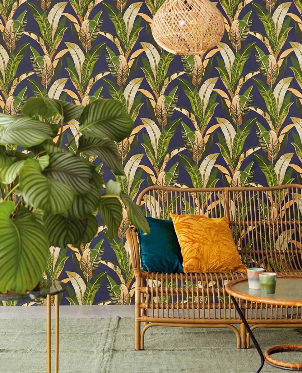 Lush Palms - Green on Blue - Wallpaper Trader