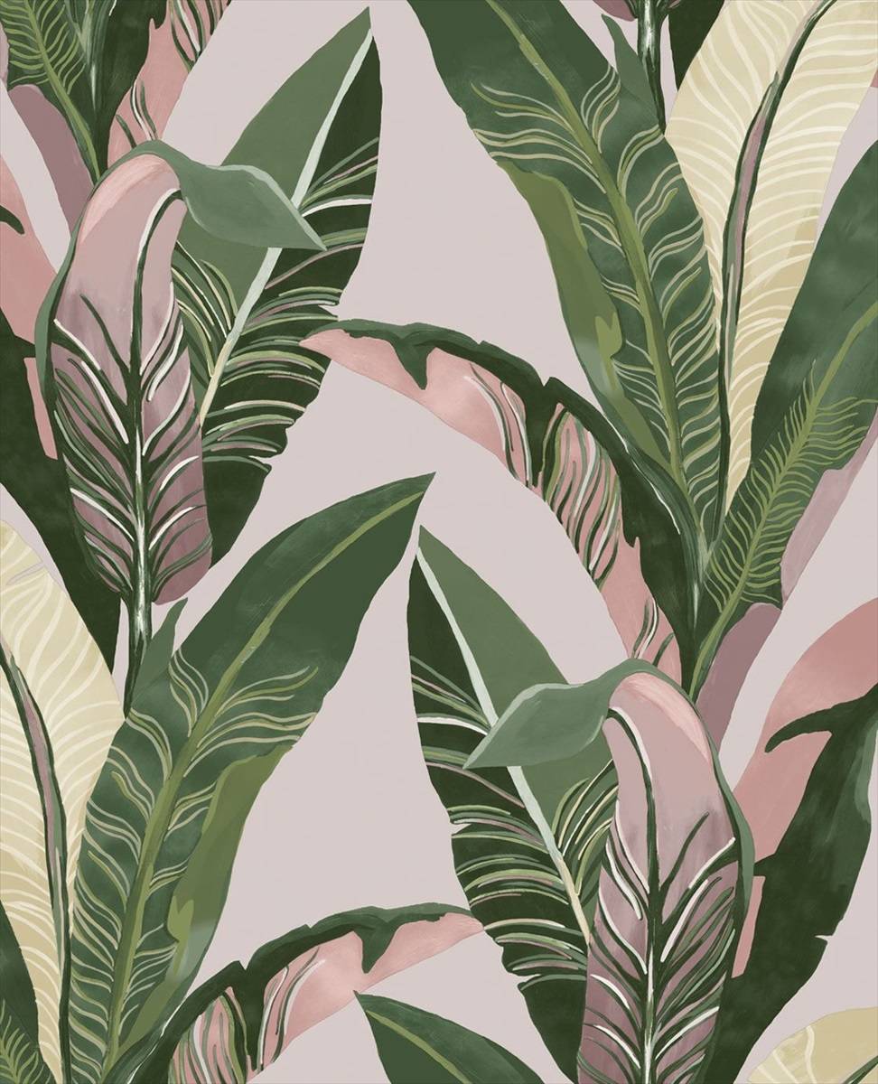 Lush Palms - Green on Pink - Wallpaper Trader