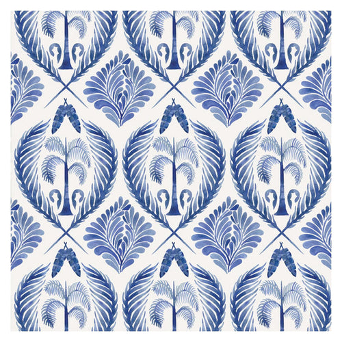 Blue Tropics wallpaper by Cass Deller — small-scale blue watercolour palm and fern damask, flat pattern swatch