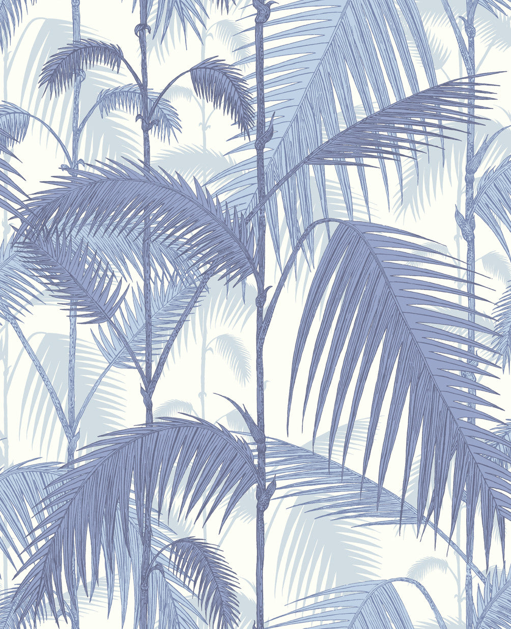 Cole & Son Palm Jungle wallpaper which features layers of blue palm leaves on white background