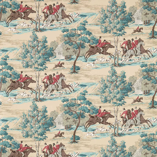 Tally Ho Teal wallpaper by Sanderson, fox-hunting toile of red-coated huntsmen, horses and hounds in a teal countryside