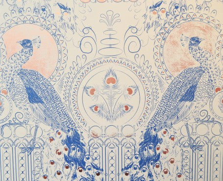 Eastern Peacocks - Chalk Blue & Bronze - Wallpaper Trader