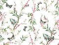 Enchanted Butterfly wallpaper by Wallpaper Trader, flat swatch of blossom branches and butterflies on an ivory white ground