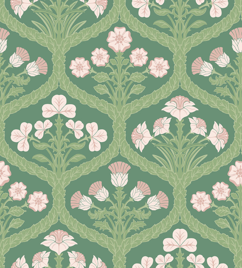 Floral Kingdom - Pastel Pink on Green - Wallpaper Trader