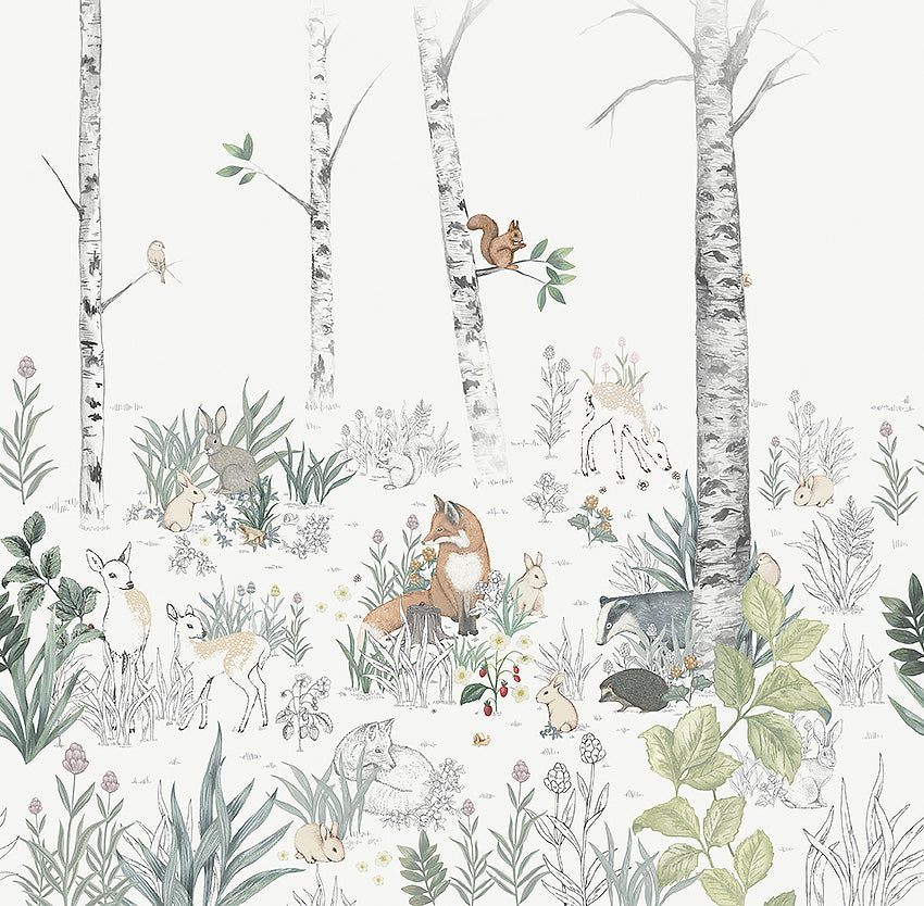 Magic Forest Mural - Rabbits and White-spotted Fawns - Wallpaper Trader