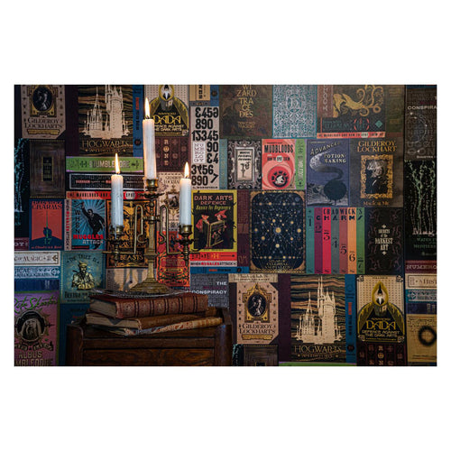 Hogwarts Library Bookshelf wall mural styled behind a candelabra and stacked antique books, colourful wizarding book-cover collage