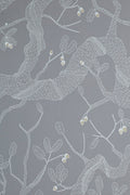 Oak Trees wallpaper by Abigail Edwards, flat swatch of the oak branch design in white line on a soft grey ground